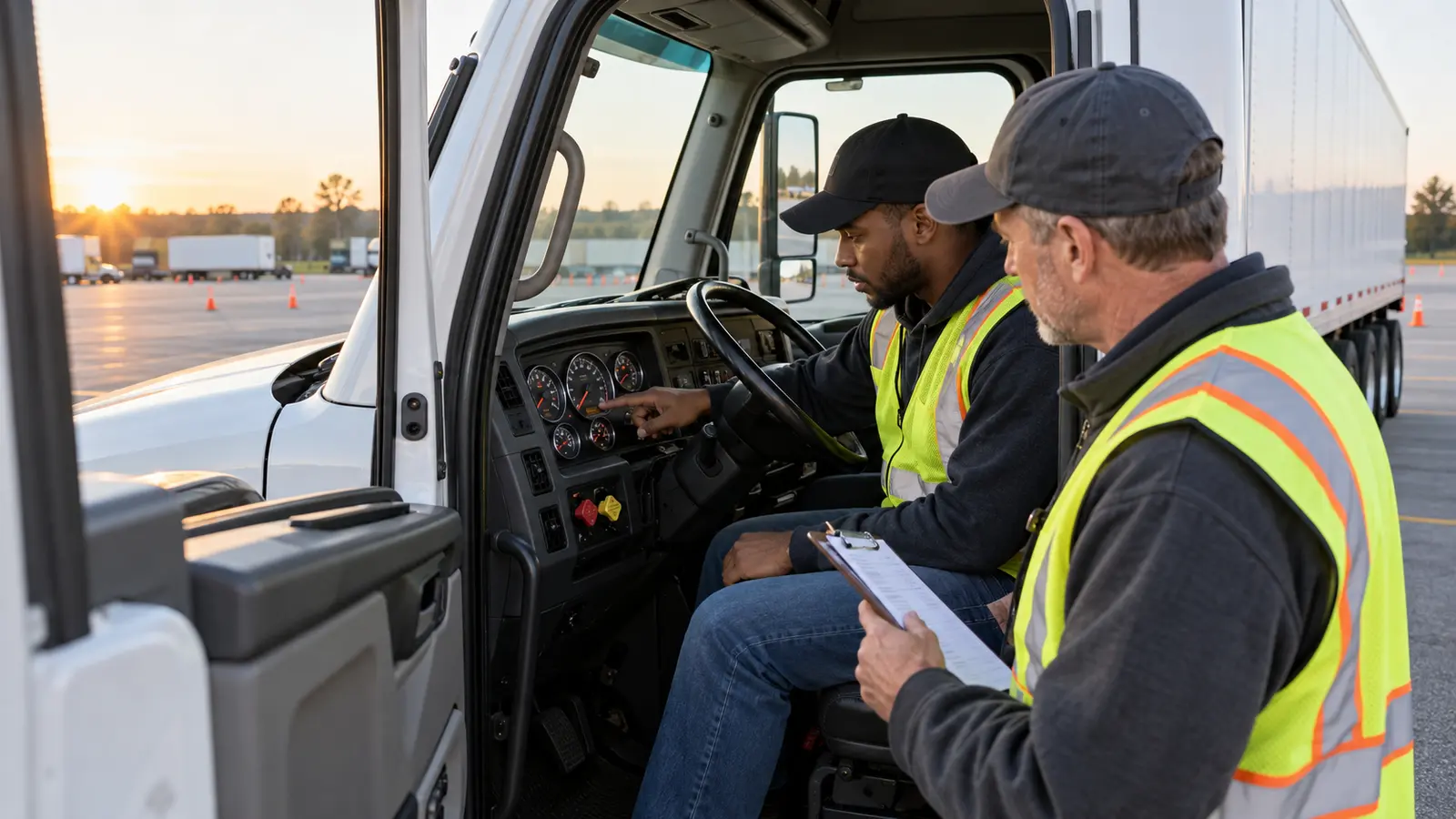 CDL student and instructor checking air-pressure gauges inside a parked tractor-trailer on a training range