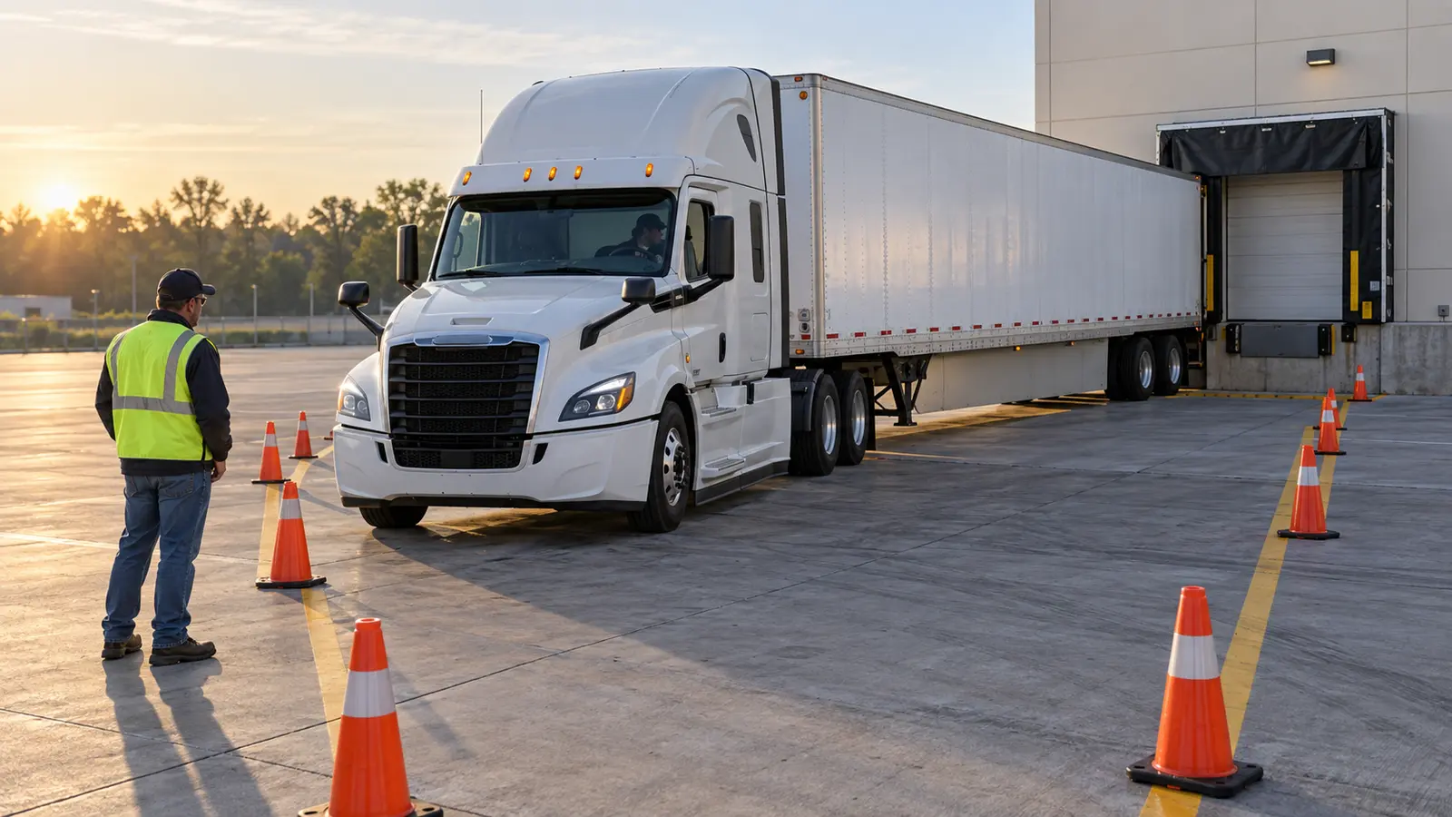 Class A tractor-trailer practicing an alley dock backing maneuver between cones on a CDL training range