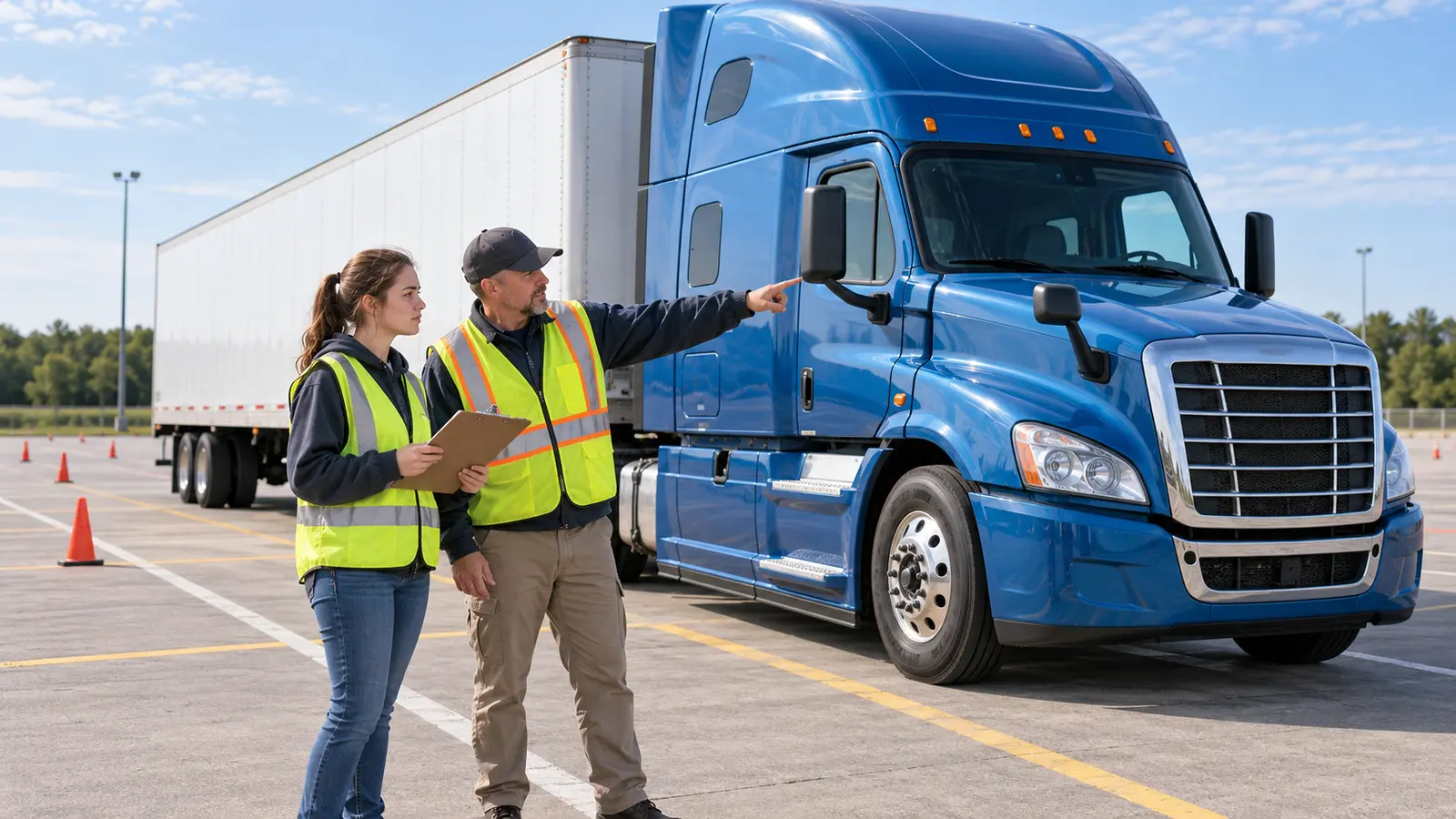 Young adult CDL student receiving instruction beside a blue tractor-trailer on a closed training range