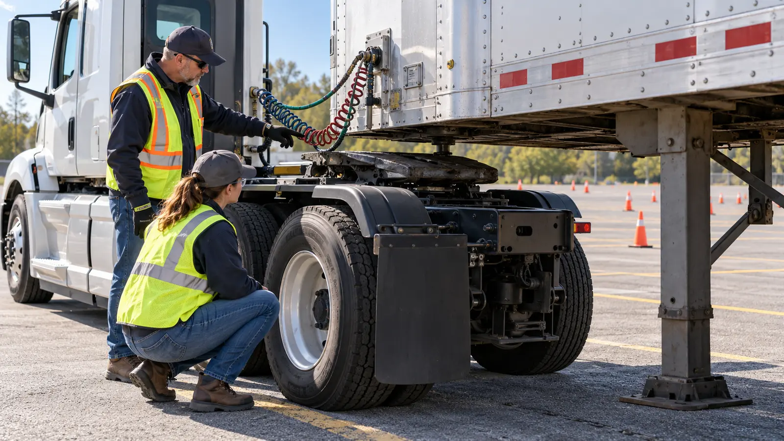 Class A CDL student and instructor inspecting a tractor-trailer fifth-wheel connection on a training range
