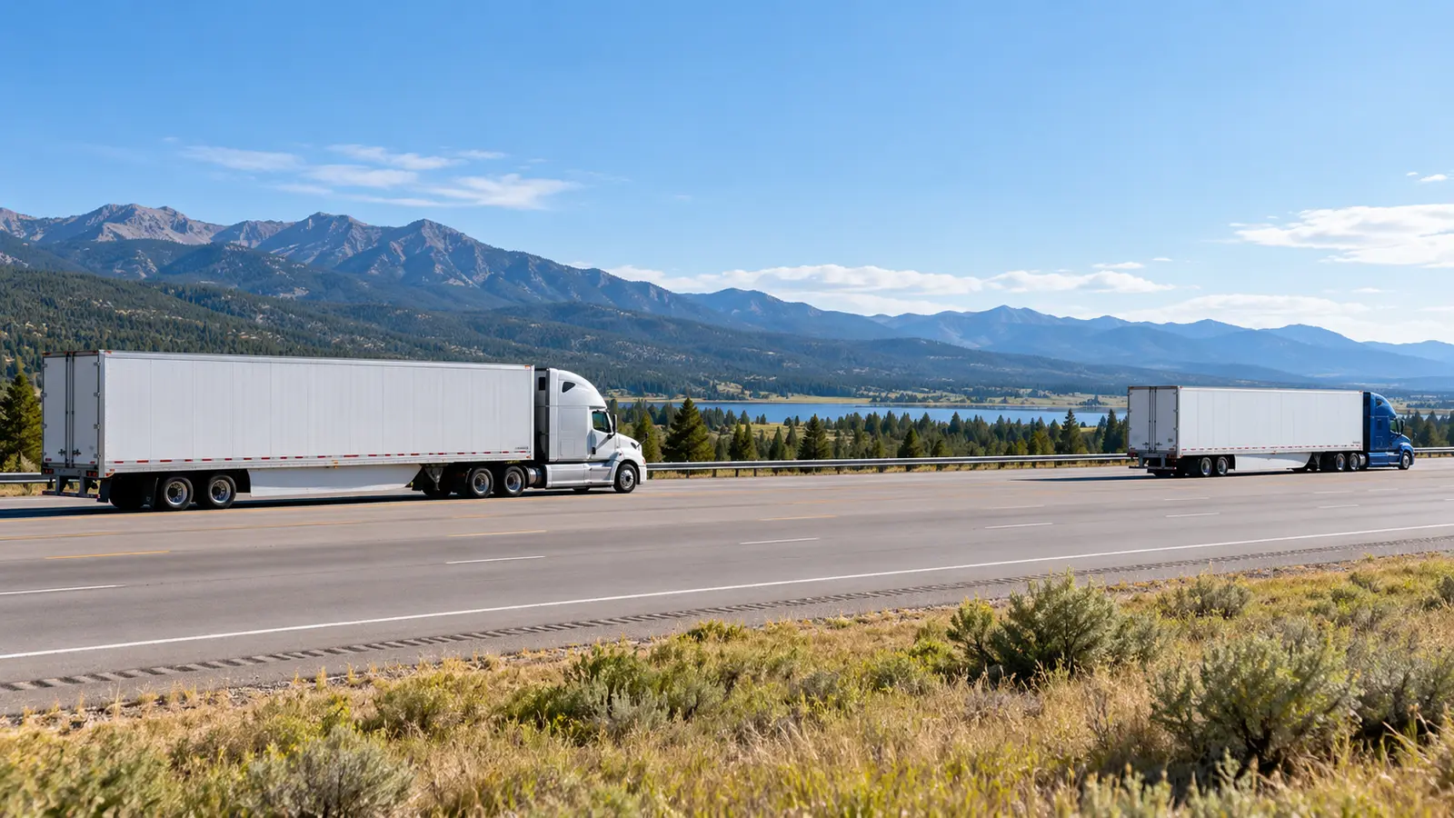 Two tractor-trailers maintaining a wide following gap on a clear divided highway