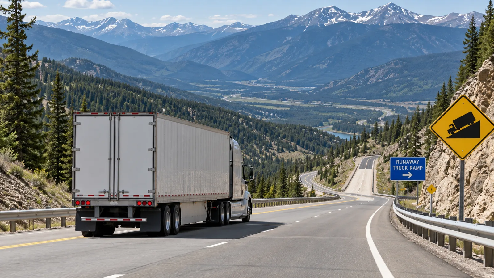 Tractor-trailer descending a mountain highway near a runaway-truck escape-ramp sign