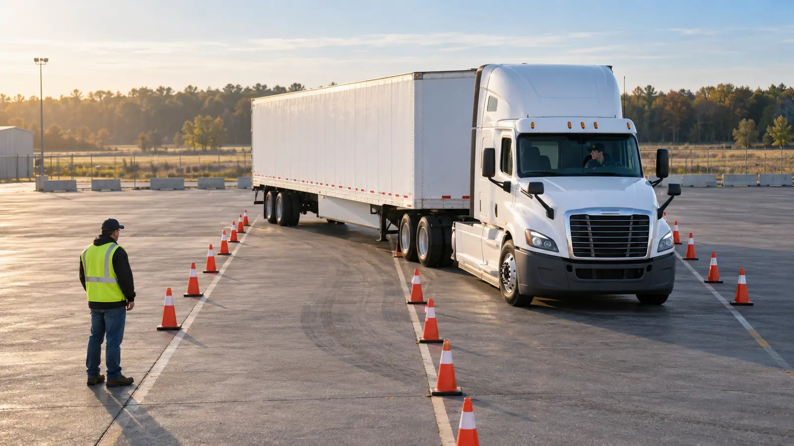 CDL student practicing an offset backing maneuver with a tractor-trailer on a cone-marked training range