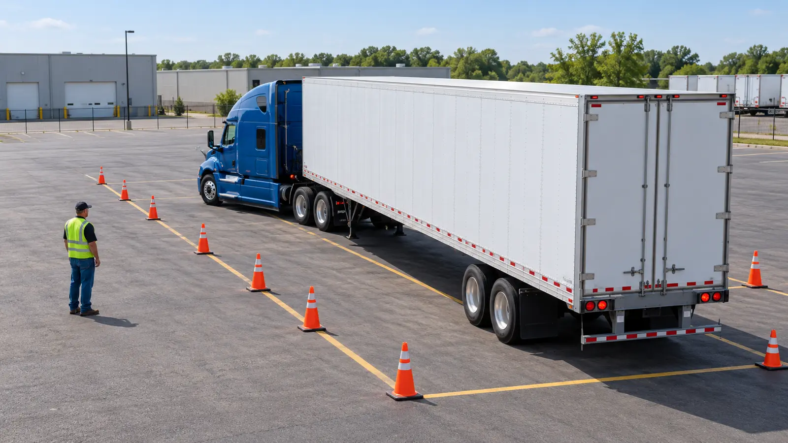 Blue tractor-trailer practicing parallel parking between orange cones on a closed CDL training range