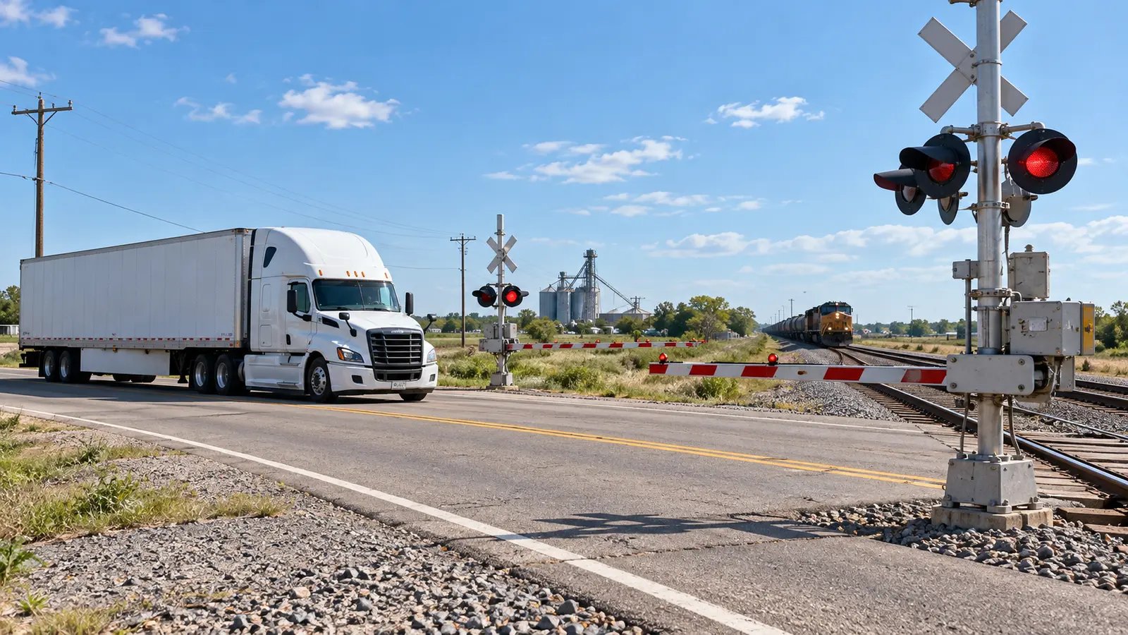 White tractor-trailer stopped a safe distance before an active railroad grade crossing