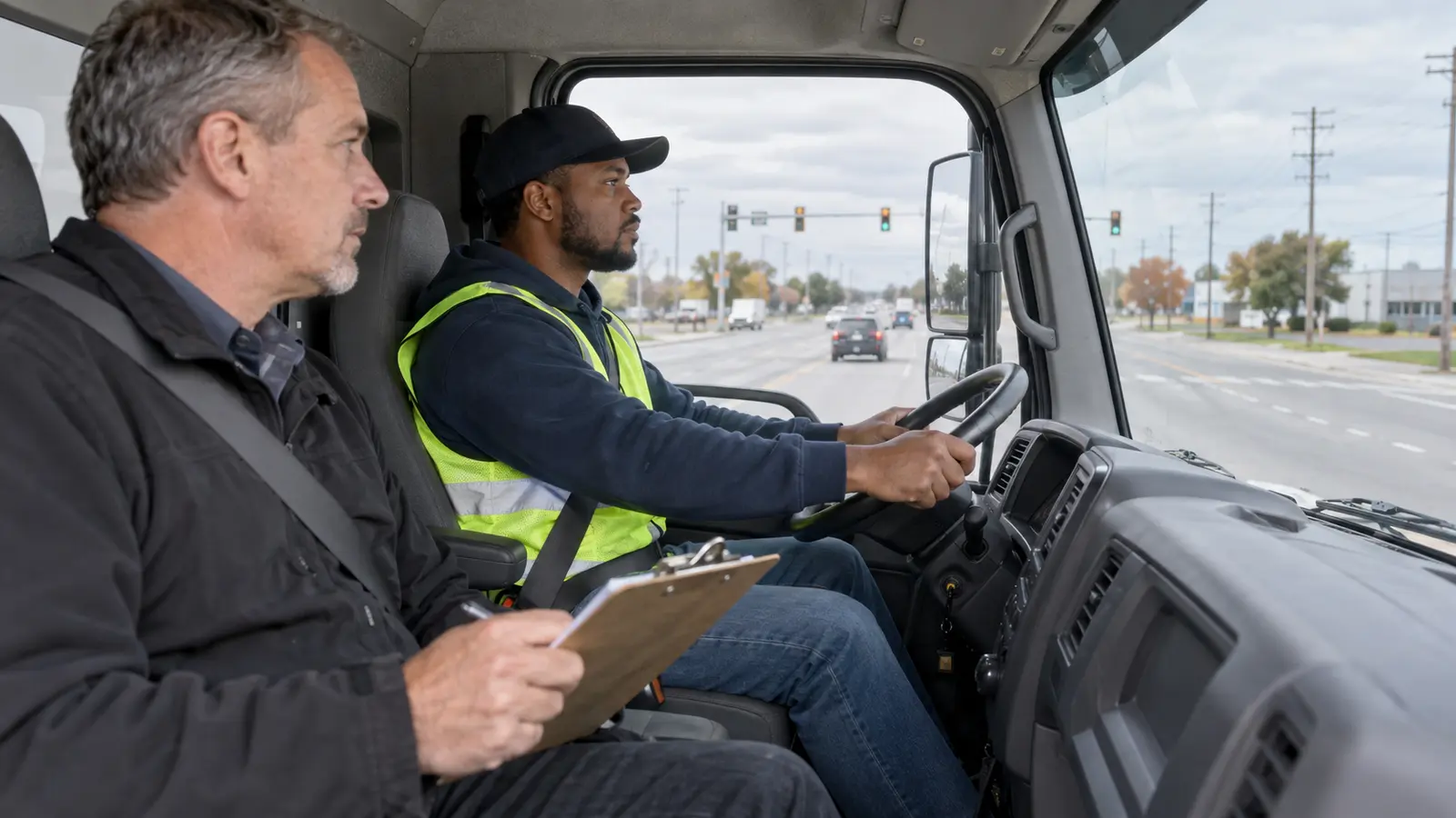 CDL trainee driving a commercial truck on a public road while an examiner observes from the passenger seat