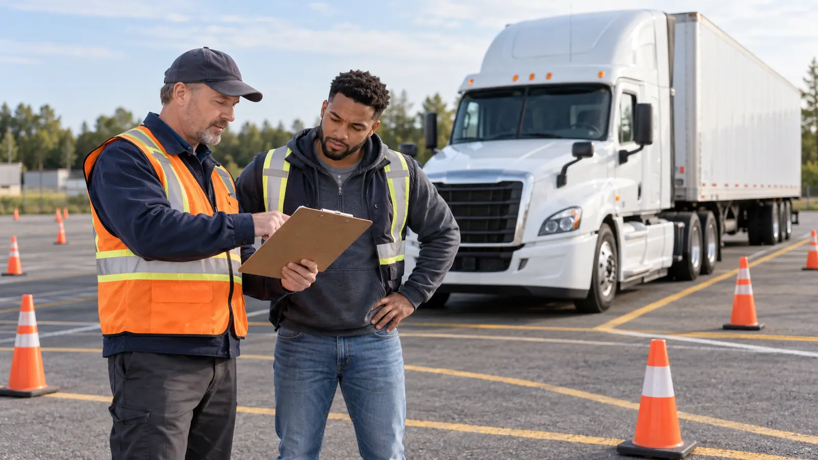 CDL applicant reviewing skills-test feedback with an instructor beside a tractor-trailer and training cones