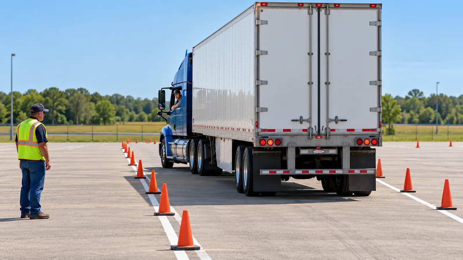 CDL student backing a tractor-trailer straight between cones on a closed training range