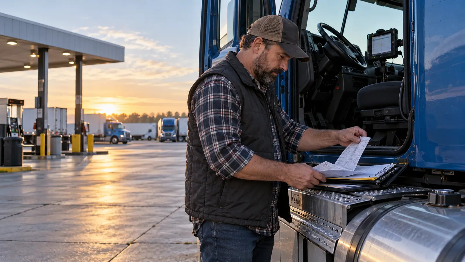 Commercial truck driver organizing fuel receipts and trip documents beside a tractor with an electronic logging device