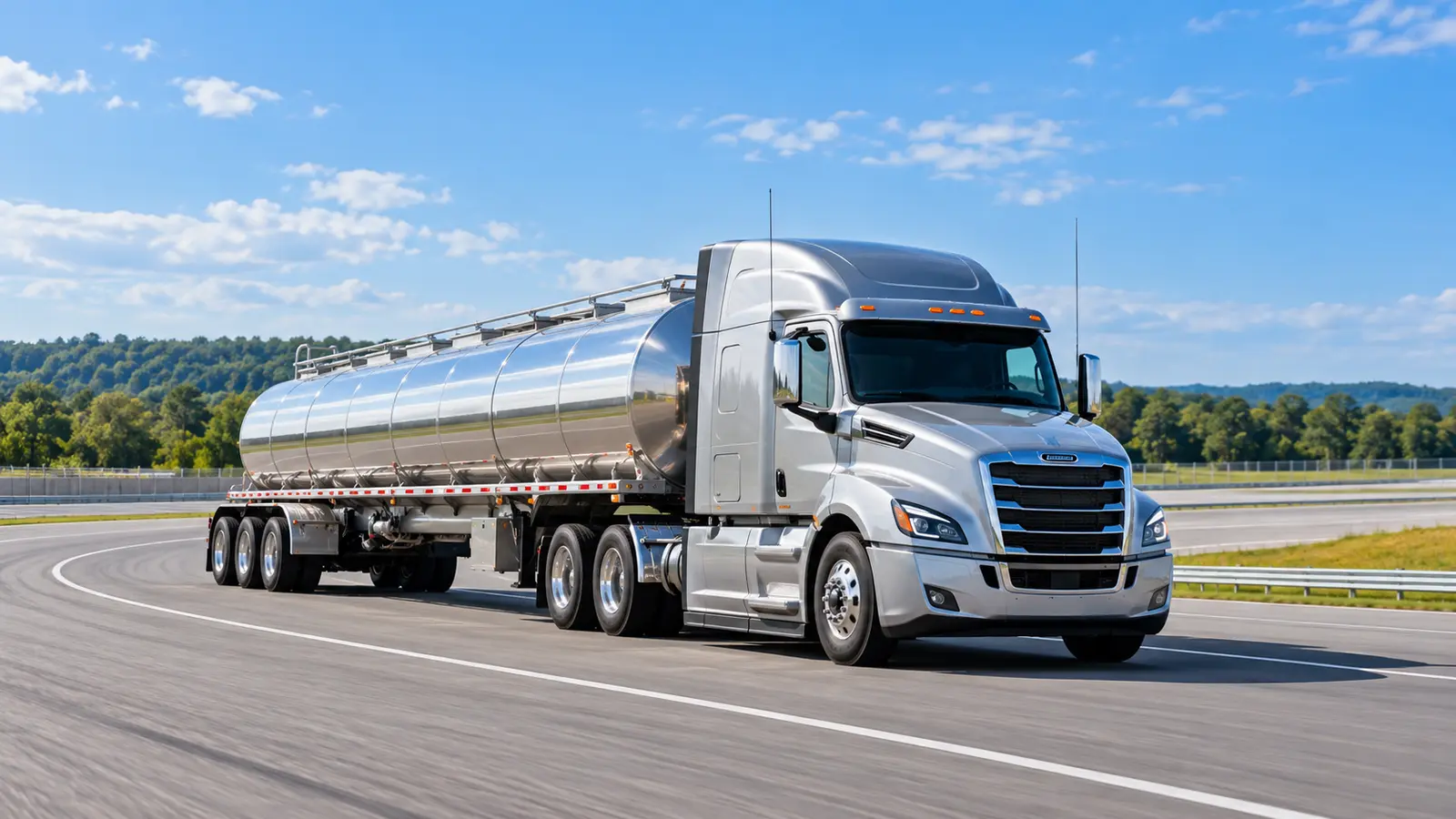 Silver tanker semi-truck making a smooth controlled curve on a professional driver training track
