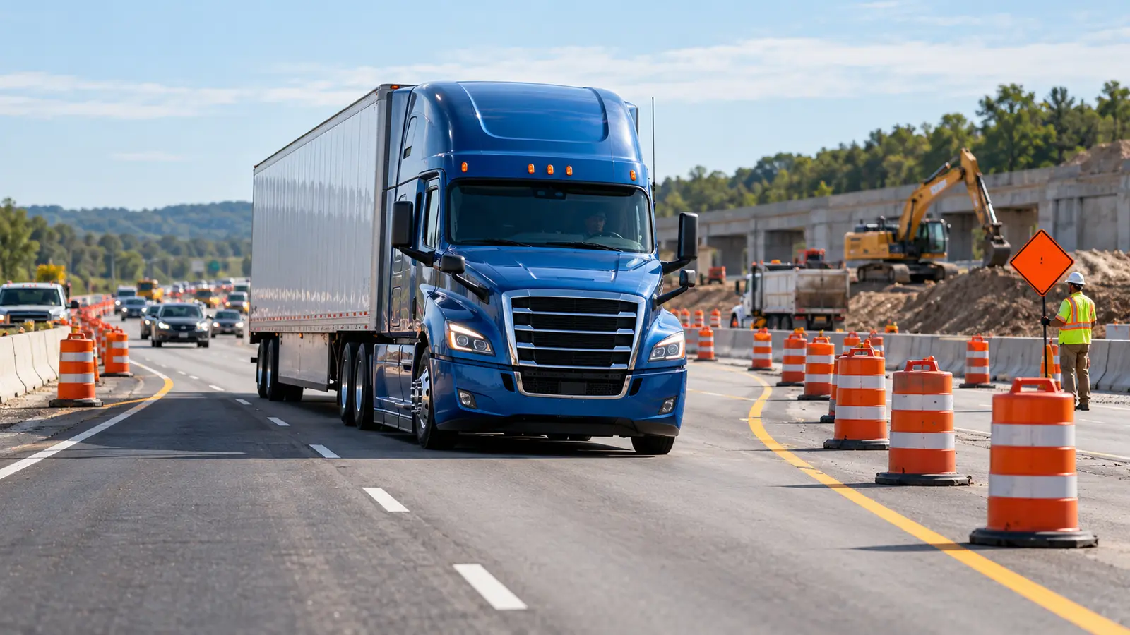 Blue tractor-trailer moving carefully through a highway work zone with orange drums and a visible road worker