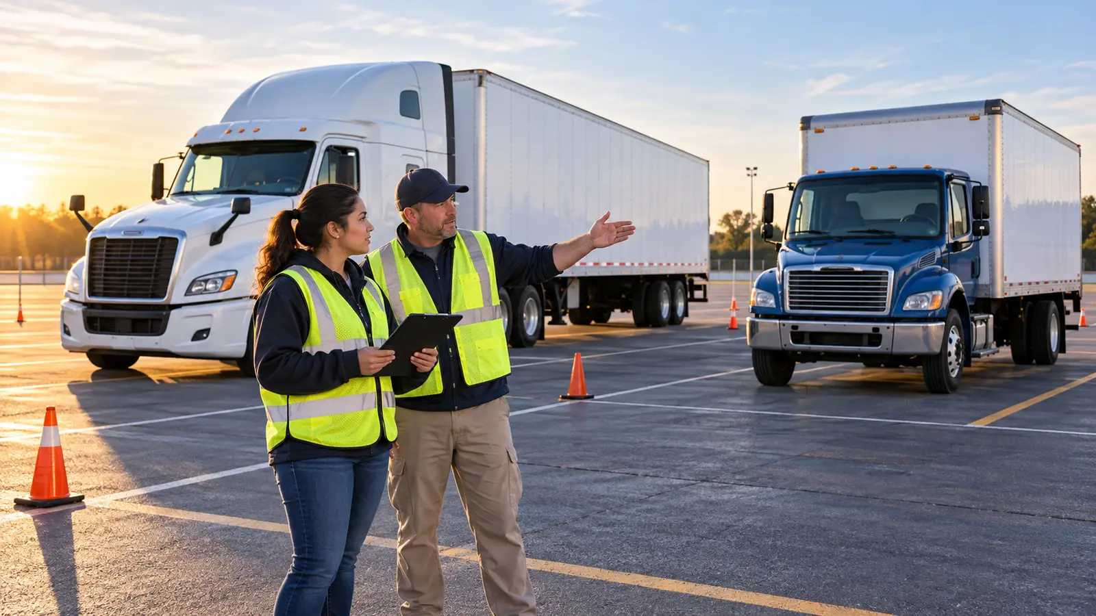 CDL student and instructor comparing a Class A tractor-trailer with a Class B straight truck at a training range