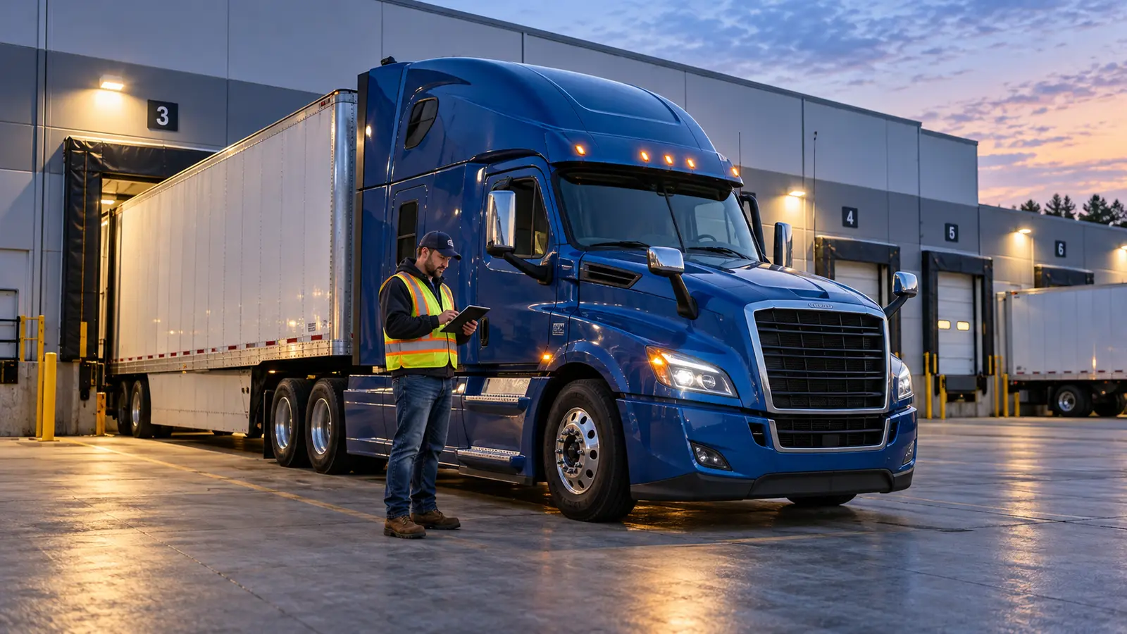 Dedicated-route Class A truck driver reviewing an assignment beside a tractor-trailer at a distribution center