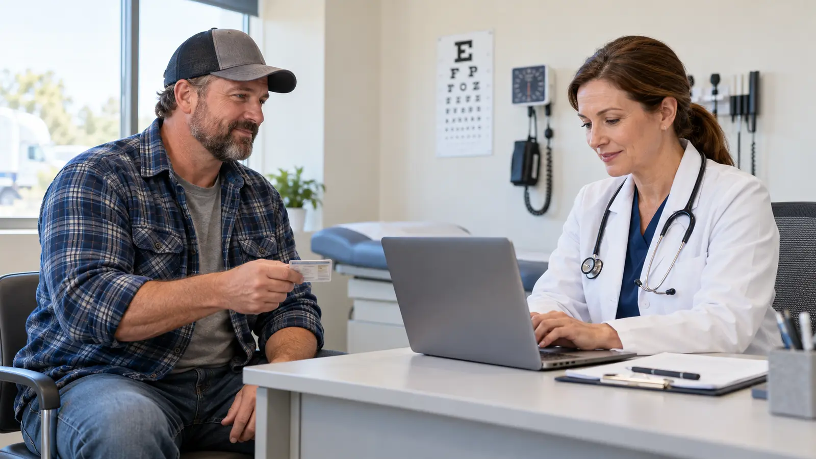 Commercial driver providing license information while a medical examiner submits certification results electronically