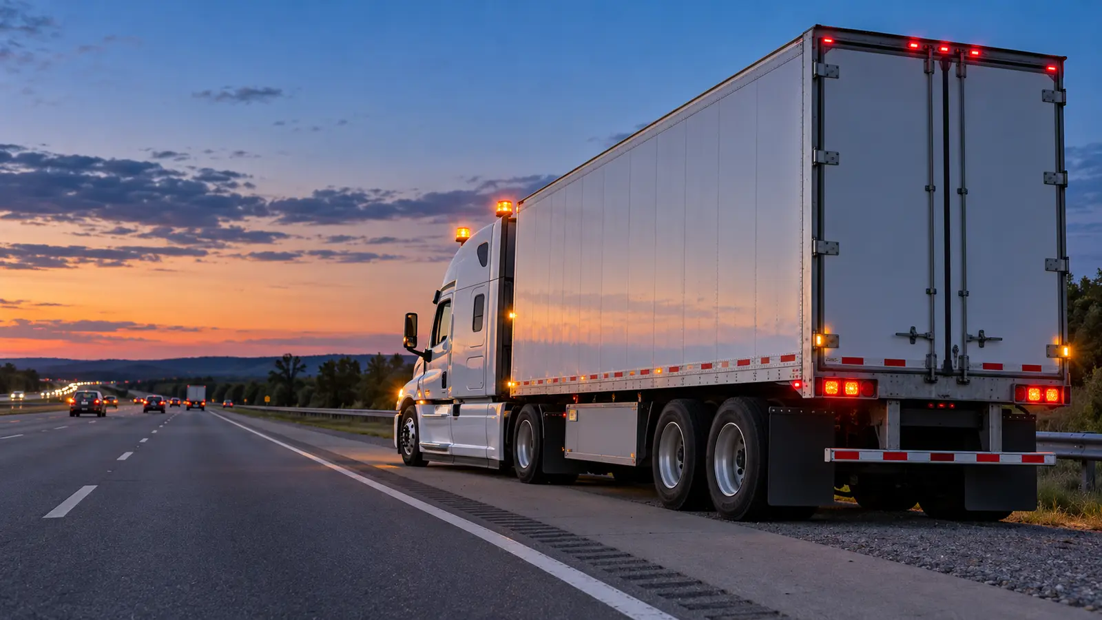 Automated tractor-trailer stopped safely on an interstate shoulder with amber cab-mounted warning beacons