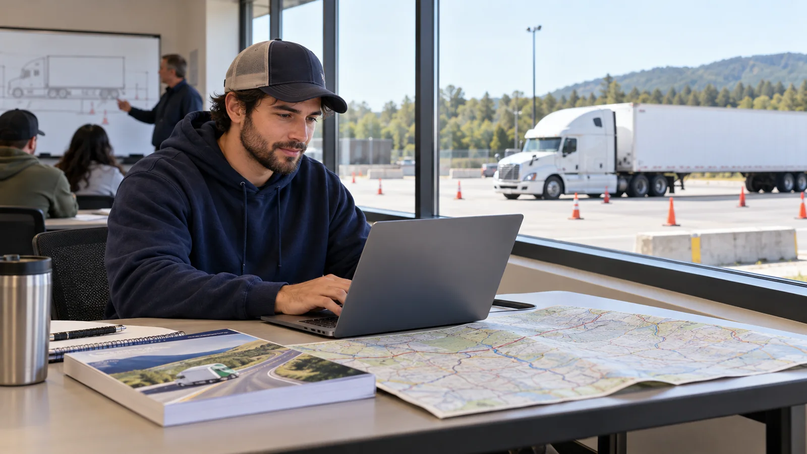 CDL student completing online theory training beside a truck training range and an interstate road map