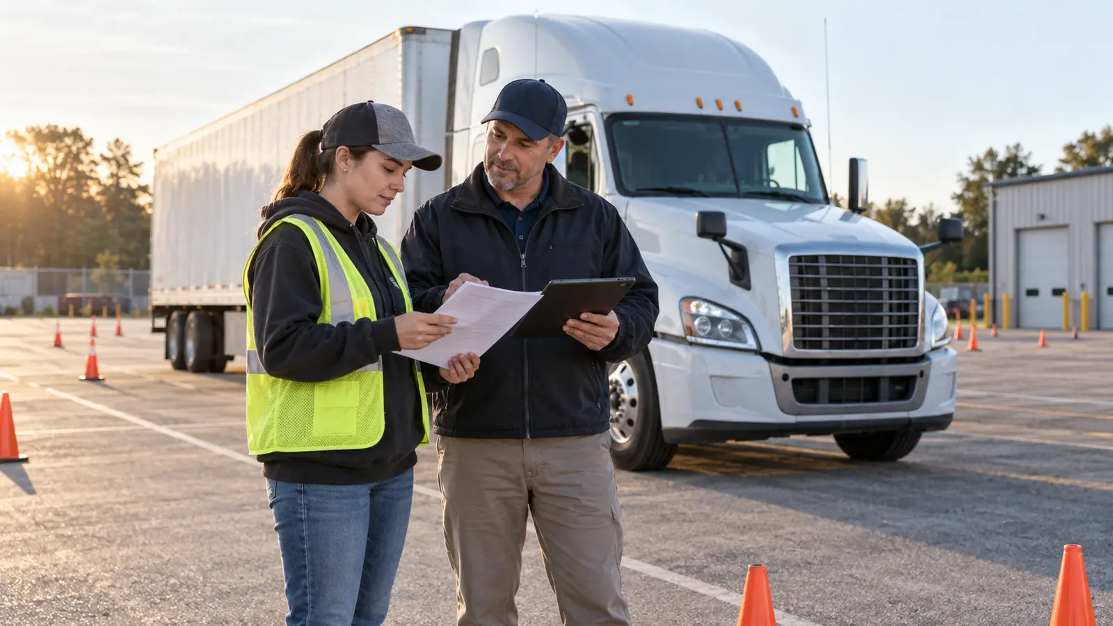 CDL student reviewing a commercial learner's permit training plan beside an instructor and tractor-trailer