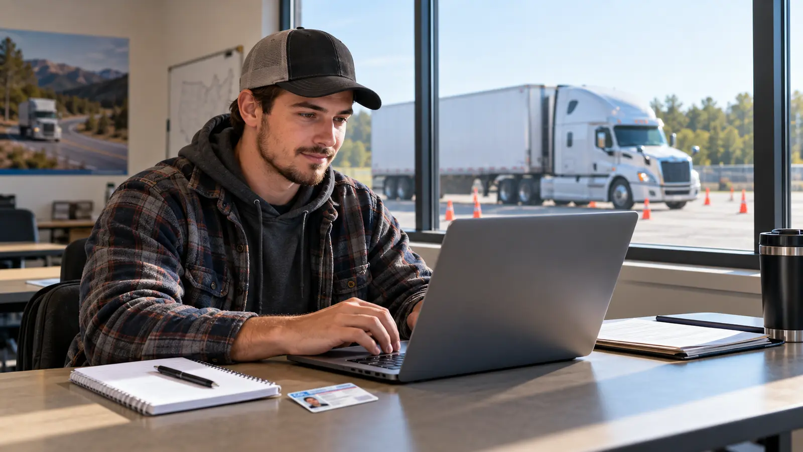 CDL student checking an ELDT training record on a laptop at a truck-driving school with a tractor-trailer outside