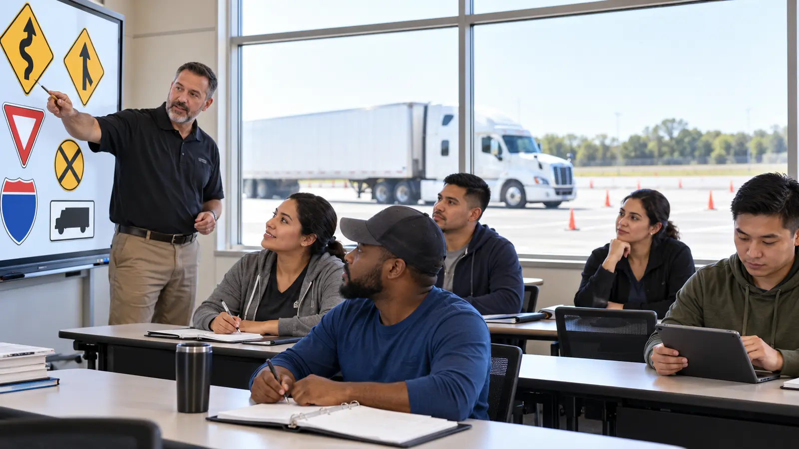 Diverse adult CDL students learning highway signs with an instructor while a tractor-trailer waits outside