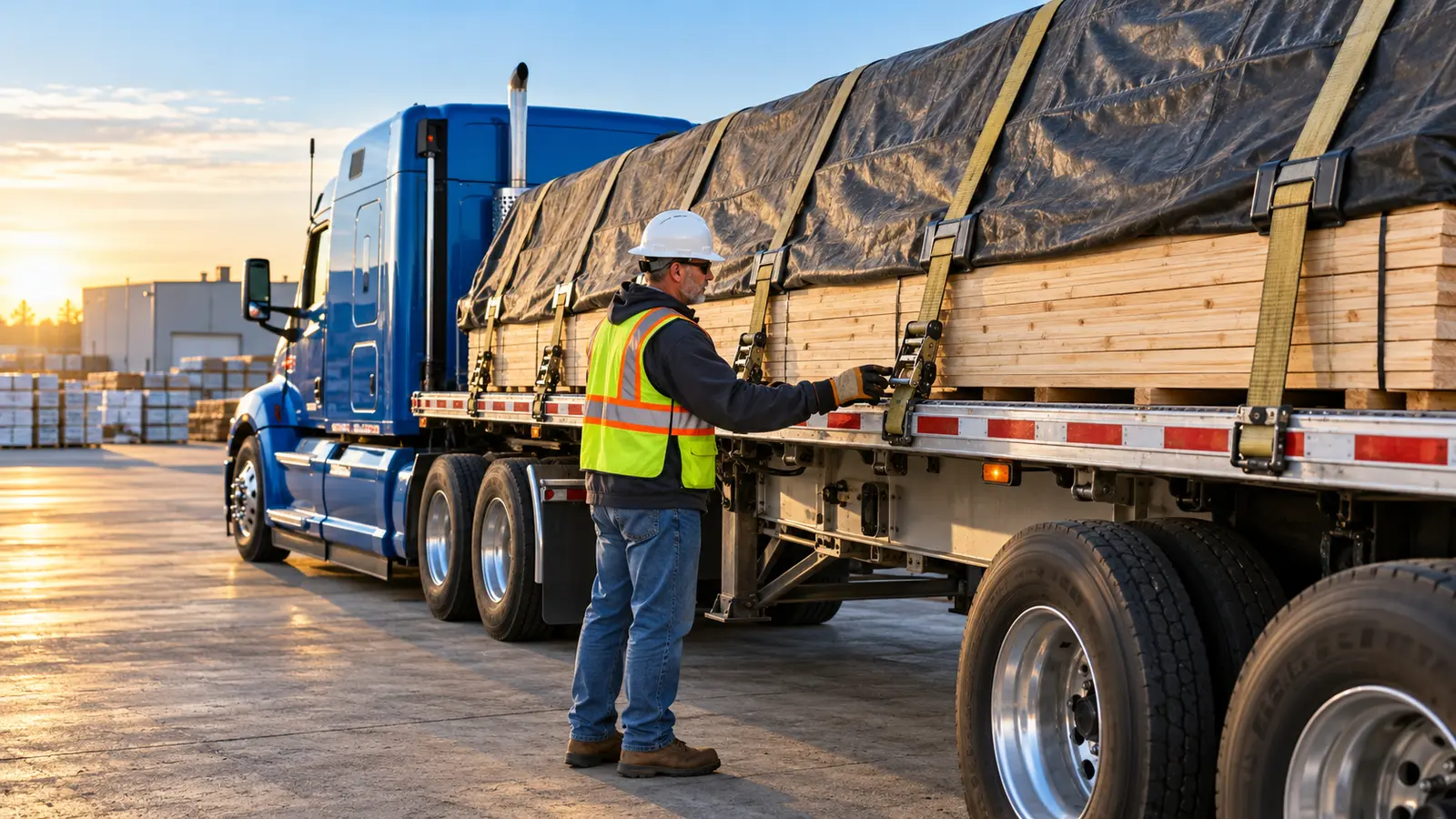 Flatbed truck driver inspecting straps on a tarped lumber load in a freight yard