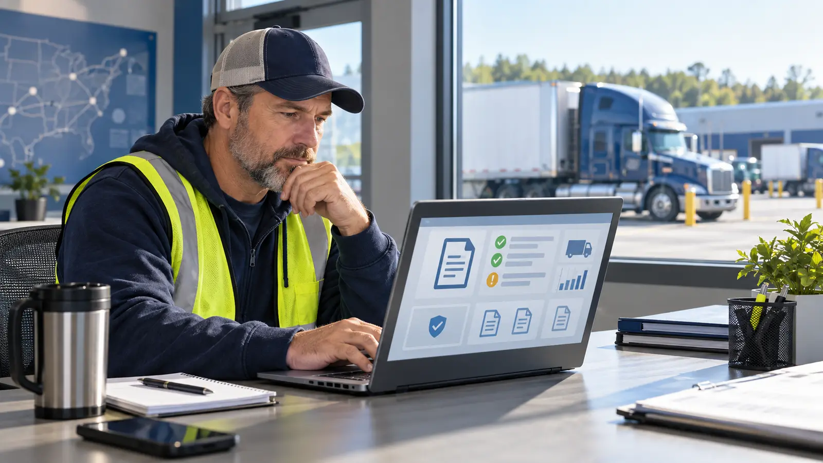 Commercial truck driver reviewing a digital inspection and crash record at a terminal desk