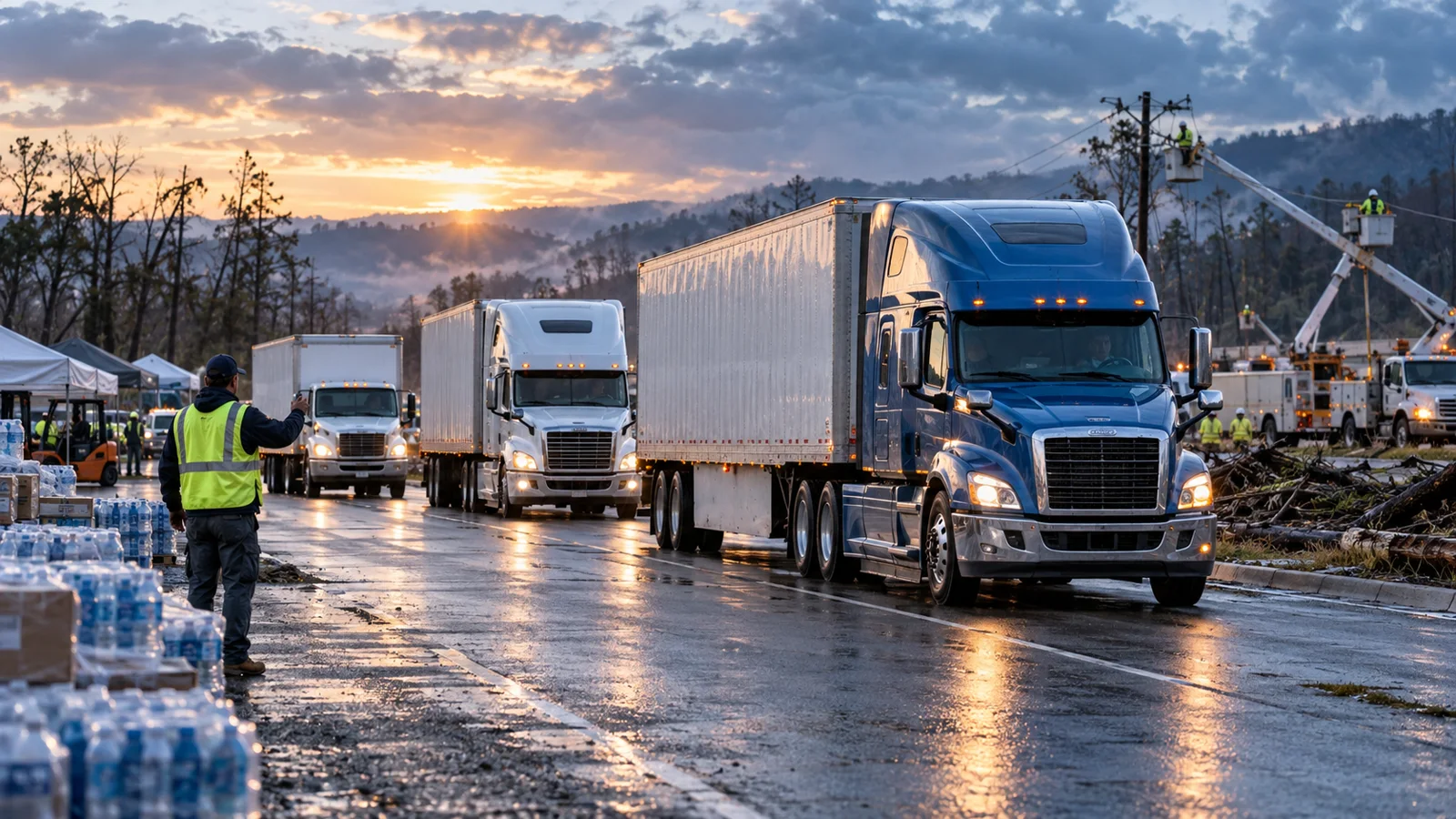 Commercial trucks delivering water and essential supplies to a storm-recovery logistics area