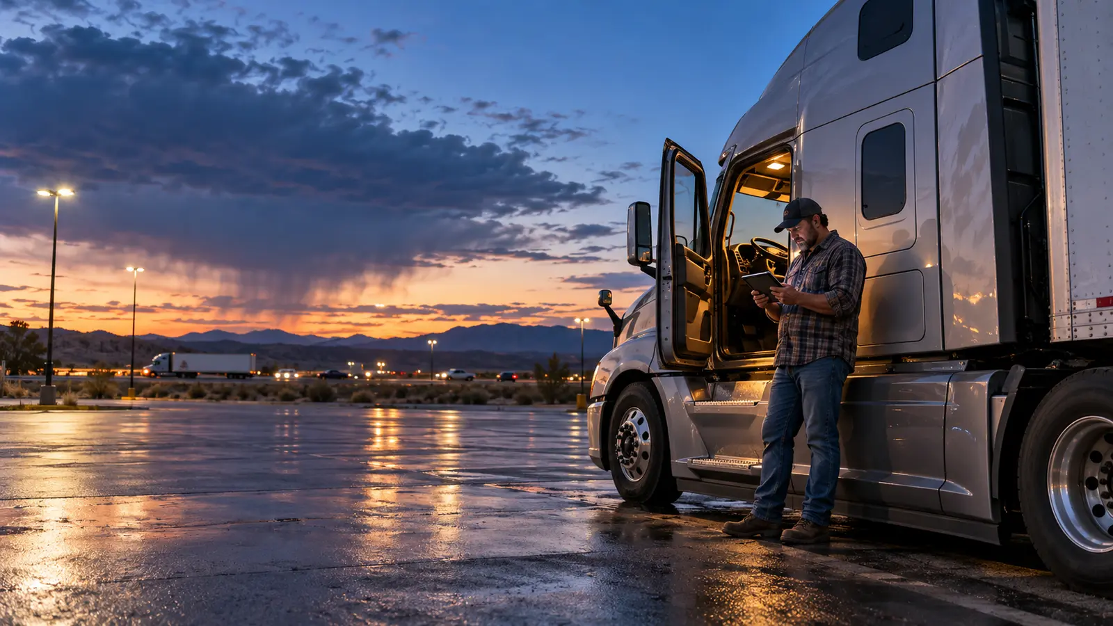 Professional truck driver reviewing an electronic log beside a sleeper-cab tractor-trailer during a planned weather stop