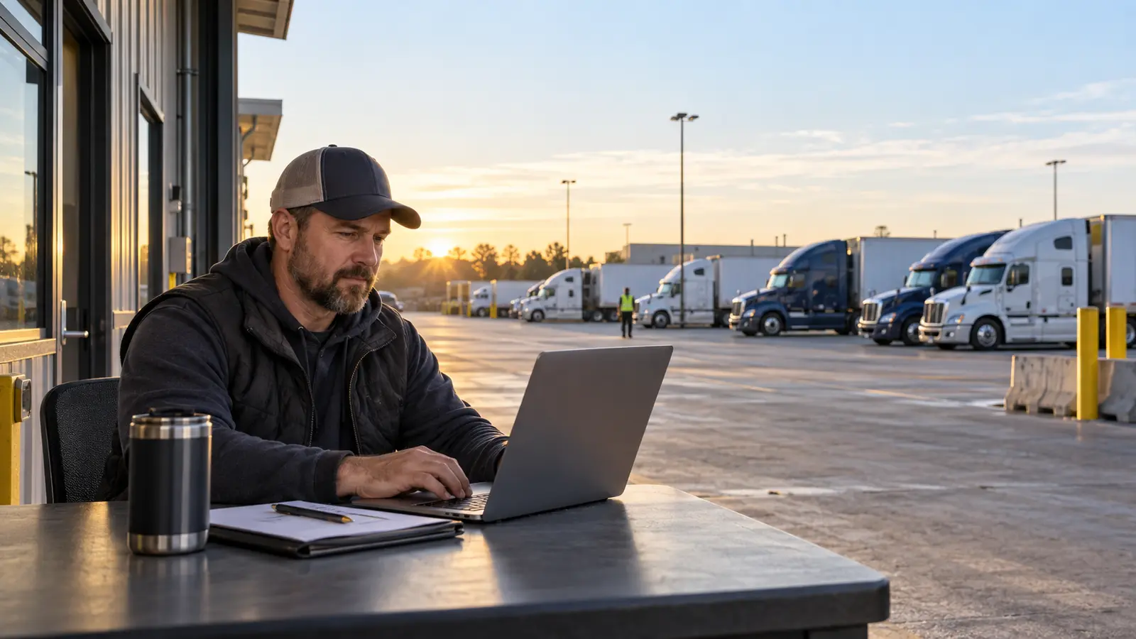 Small fleet owner using a laptop beside an organized commercial truck yard