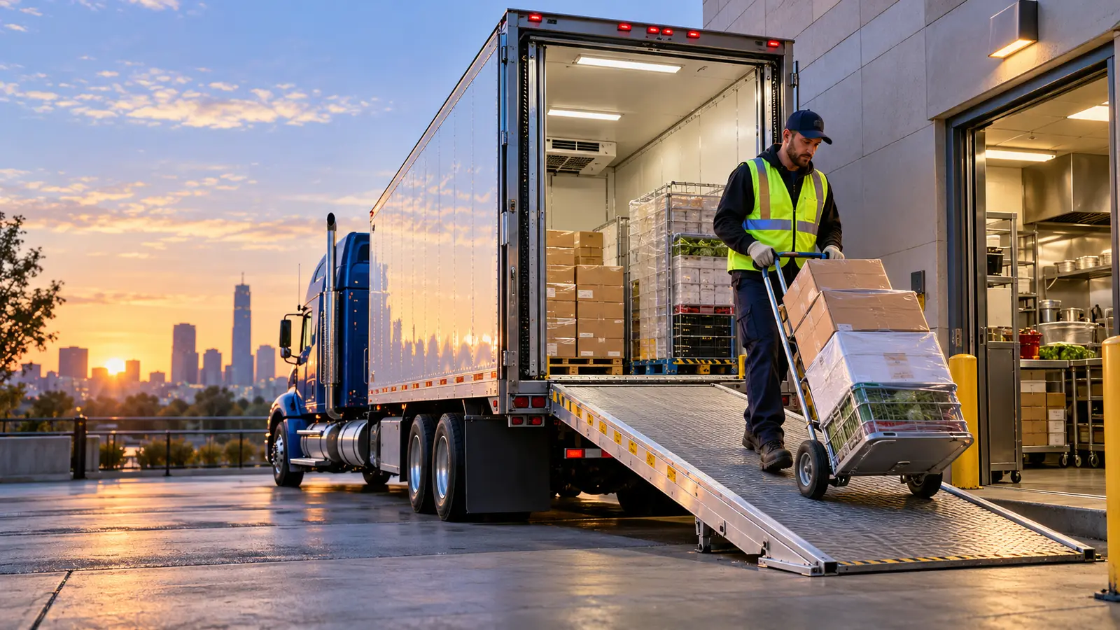 Foodservice delivery driver safely moving sealed cartons down a ramp from a refrigerated tractor-trailer at dawn