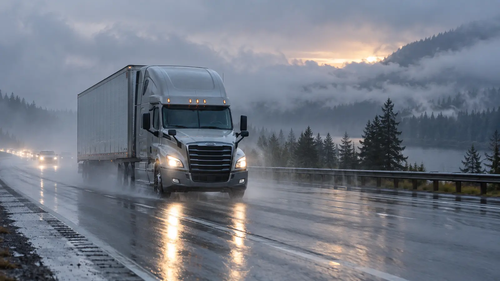 Commercial truck traveling cautiously on a rain-soaked highway in low visibility