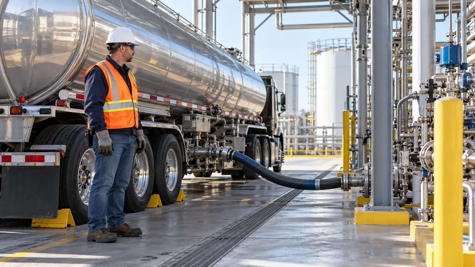 Commercial driver in protective equipment attending a cargo-tank unloading operation at an industrial transfer facility