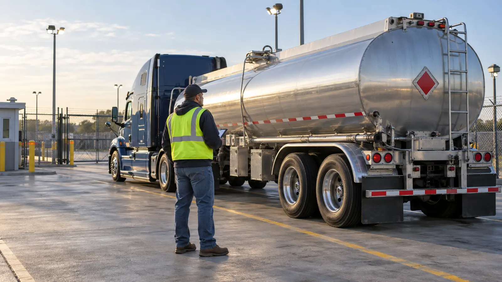 Commercial driver monitoring a placarded tanker in a secure fenced parking area