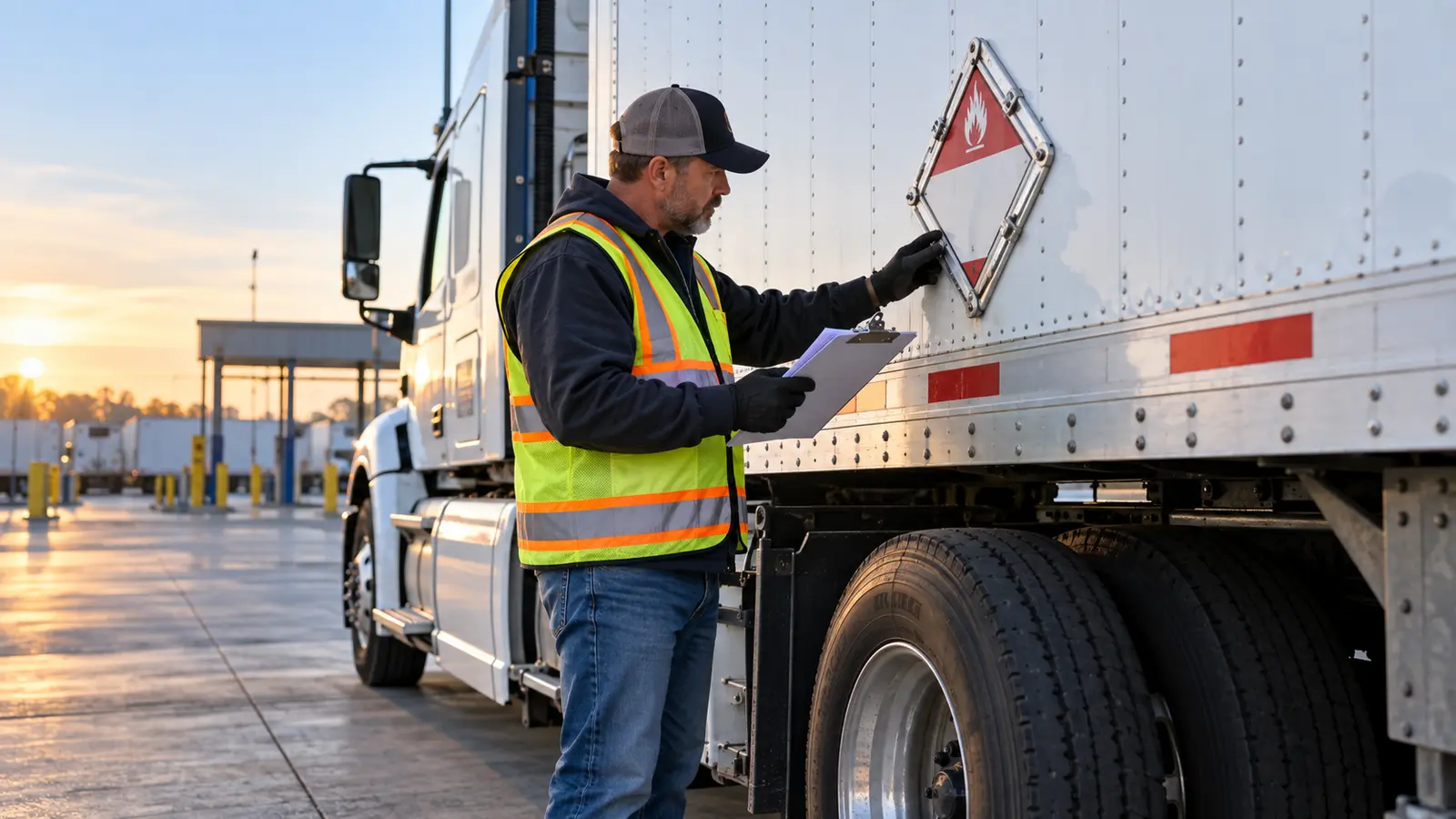 Commercial truck driver comparing shipping papers with a hazardous-material placard on a parked semi-trailer