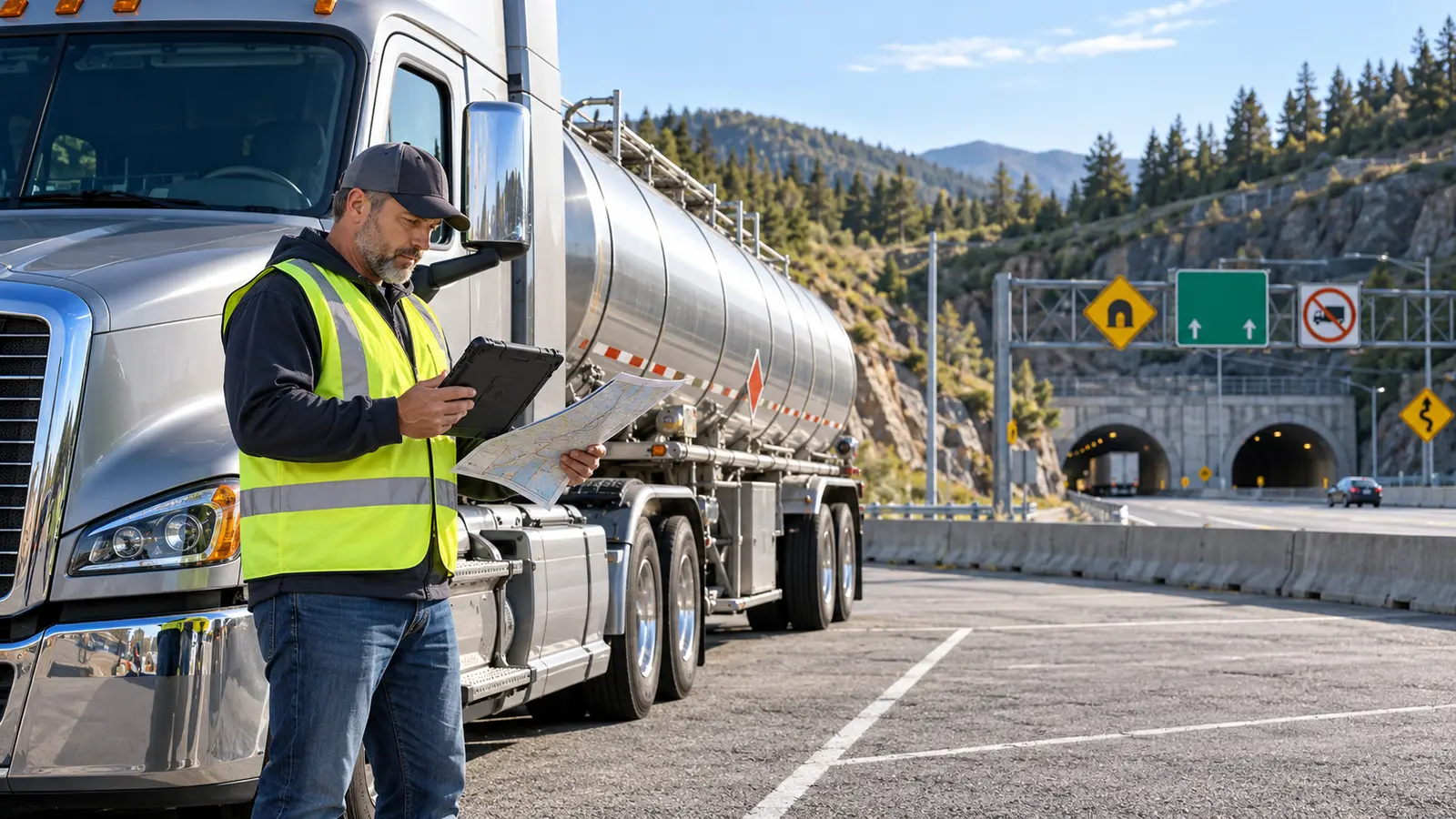 HazMat tanker driver reviewing a route beside a highway tunnel before departure