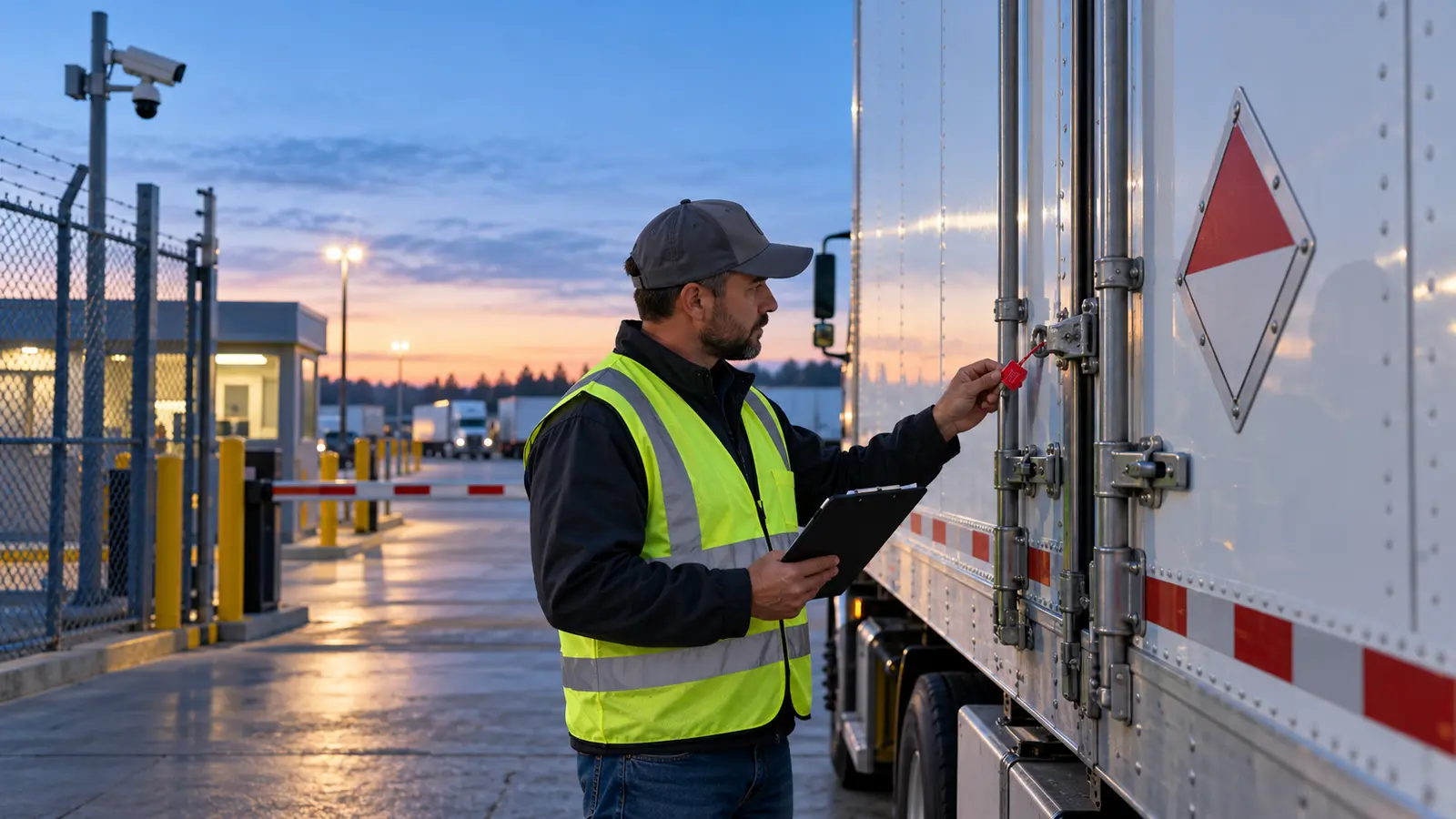 HazMat driver checking a trailer seal at a secure logistics facility