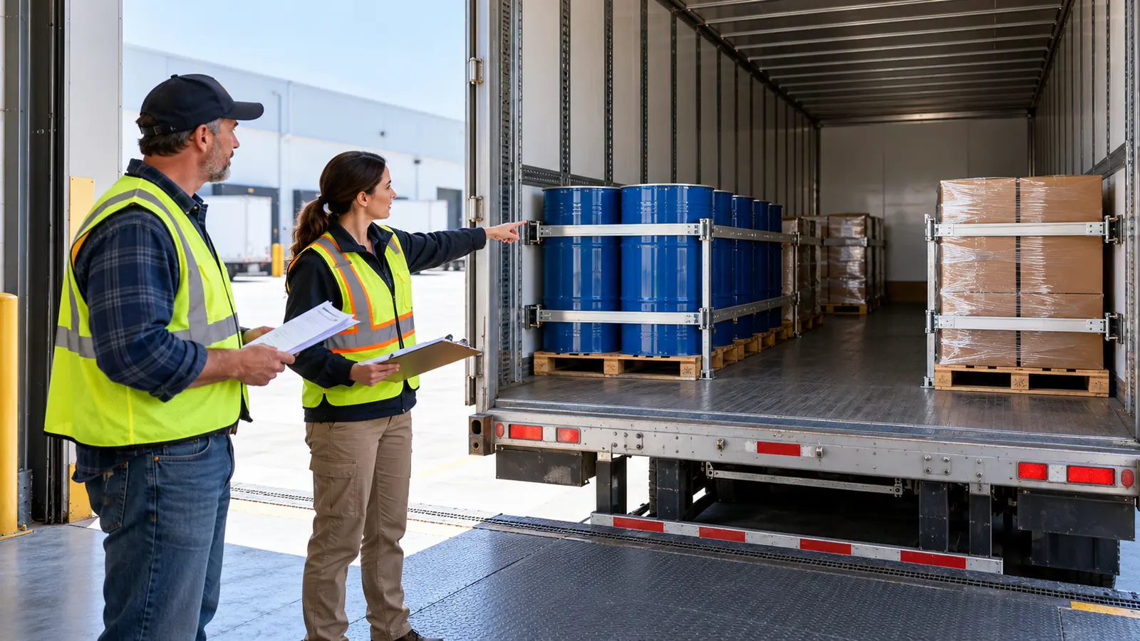 CDL driver and HazMat safety specialist reviewing separated palletized cargo inside a dry van trailer