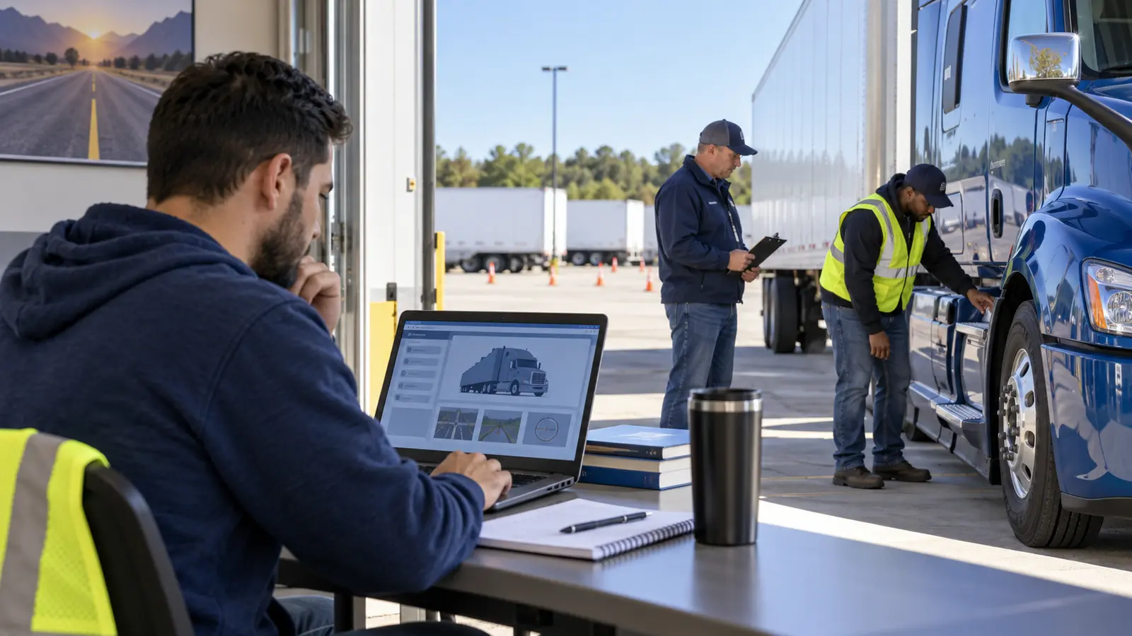 CDL student completing online theory while an instructor evaluates hands-on truck training nearby