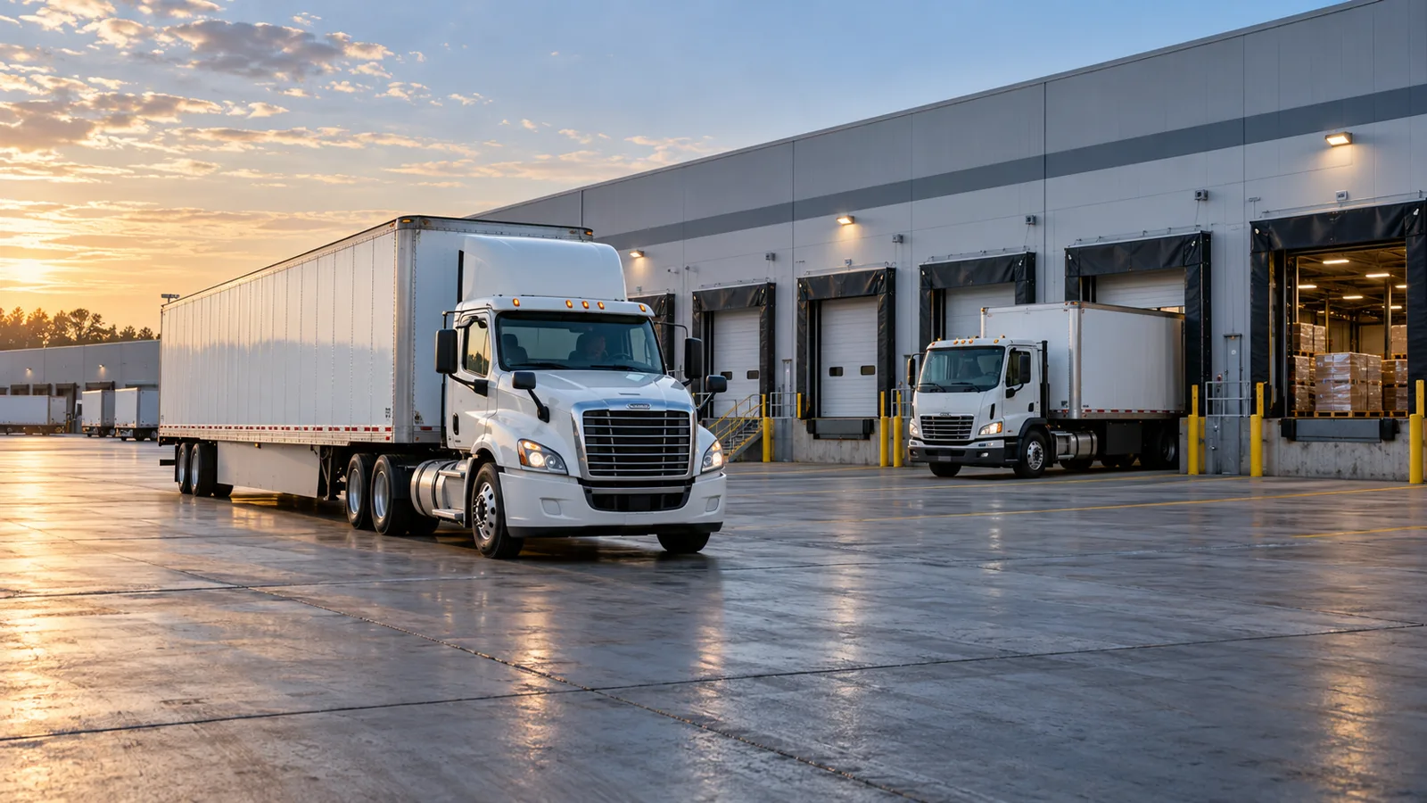 Linehaul and local delivery trucks operating at a modern less-than-truckload freight terminal