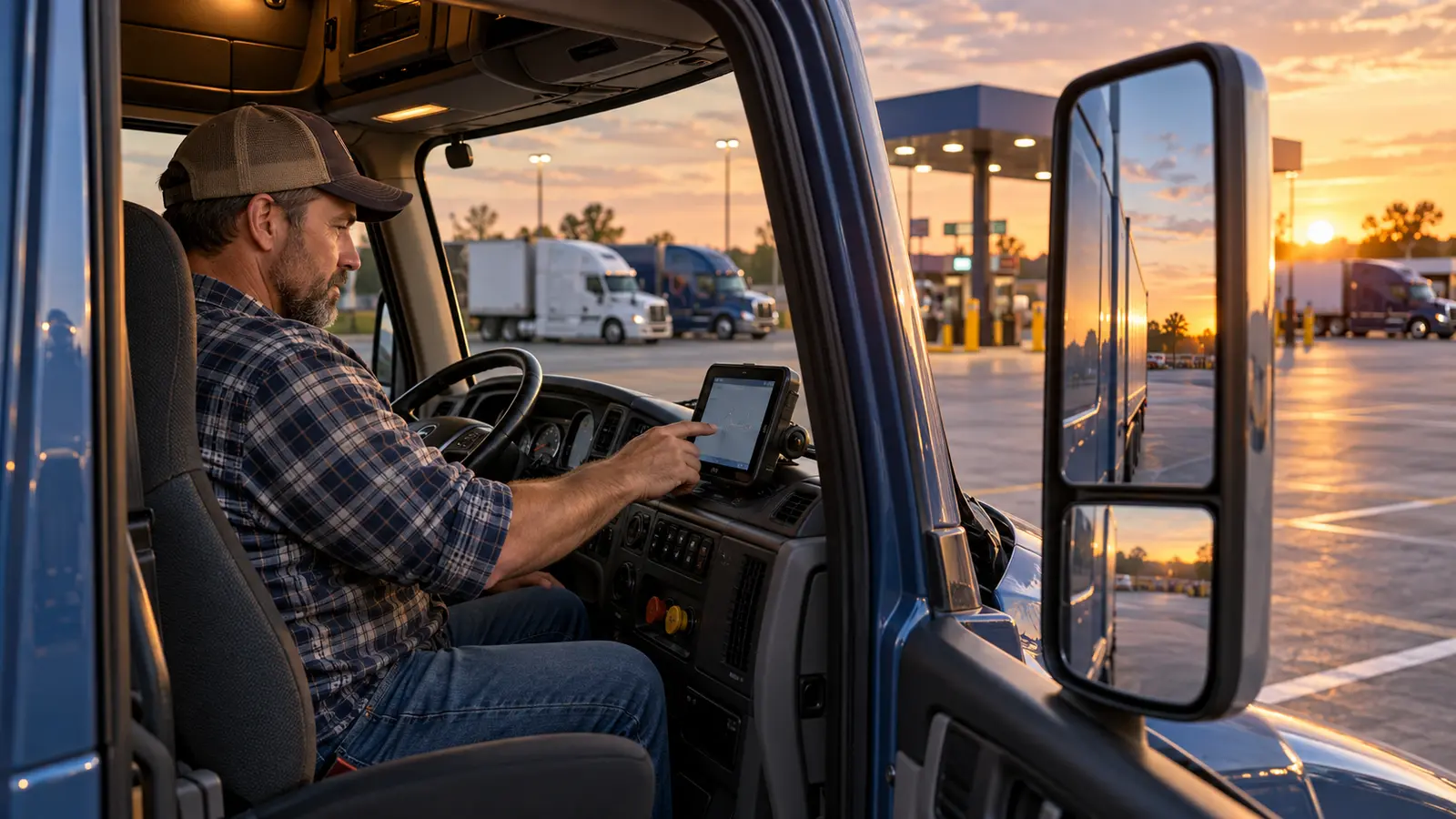 CDL driver reviewing an electronic logging device in a parked tractor-trailer at a truck stop