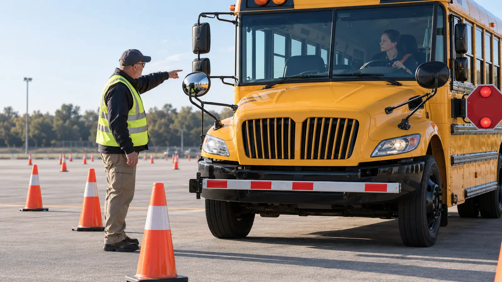 School bus driver trainee practicing mirror and danger-zone checks with an instructor on a closed training range