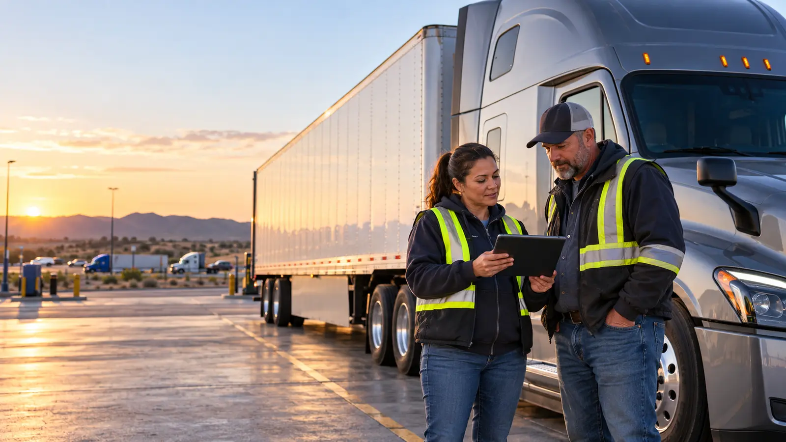 Two professional team truck drivers reviewing a route beside a sleeper-cab tractor-trailer at sunrise