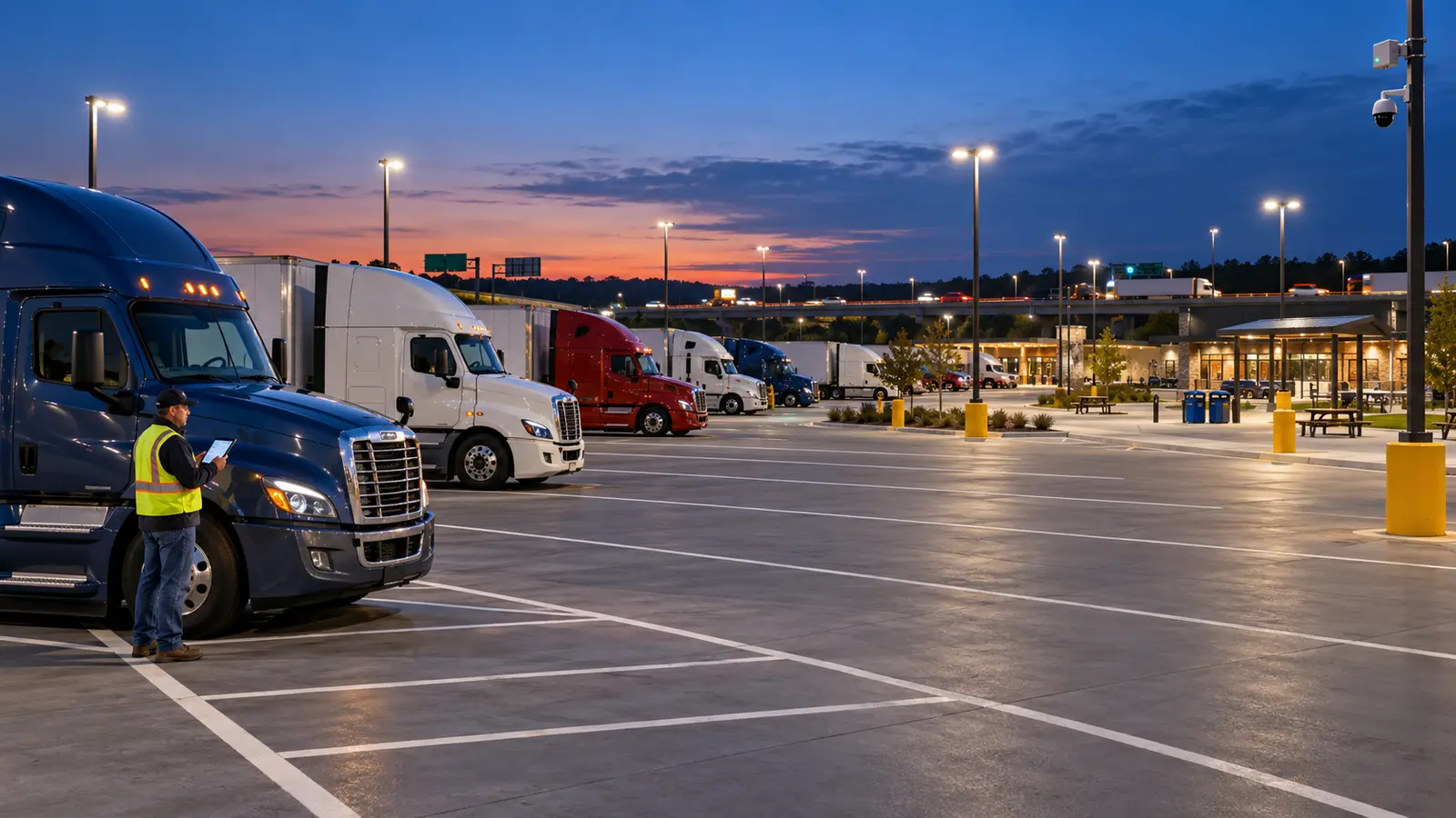 Truck driver checking parking availability at a modern illuminated interstate truck parking facility