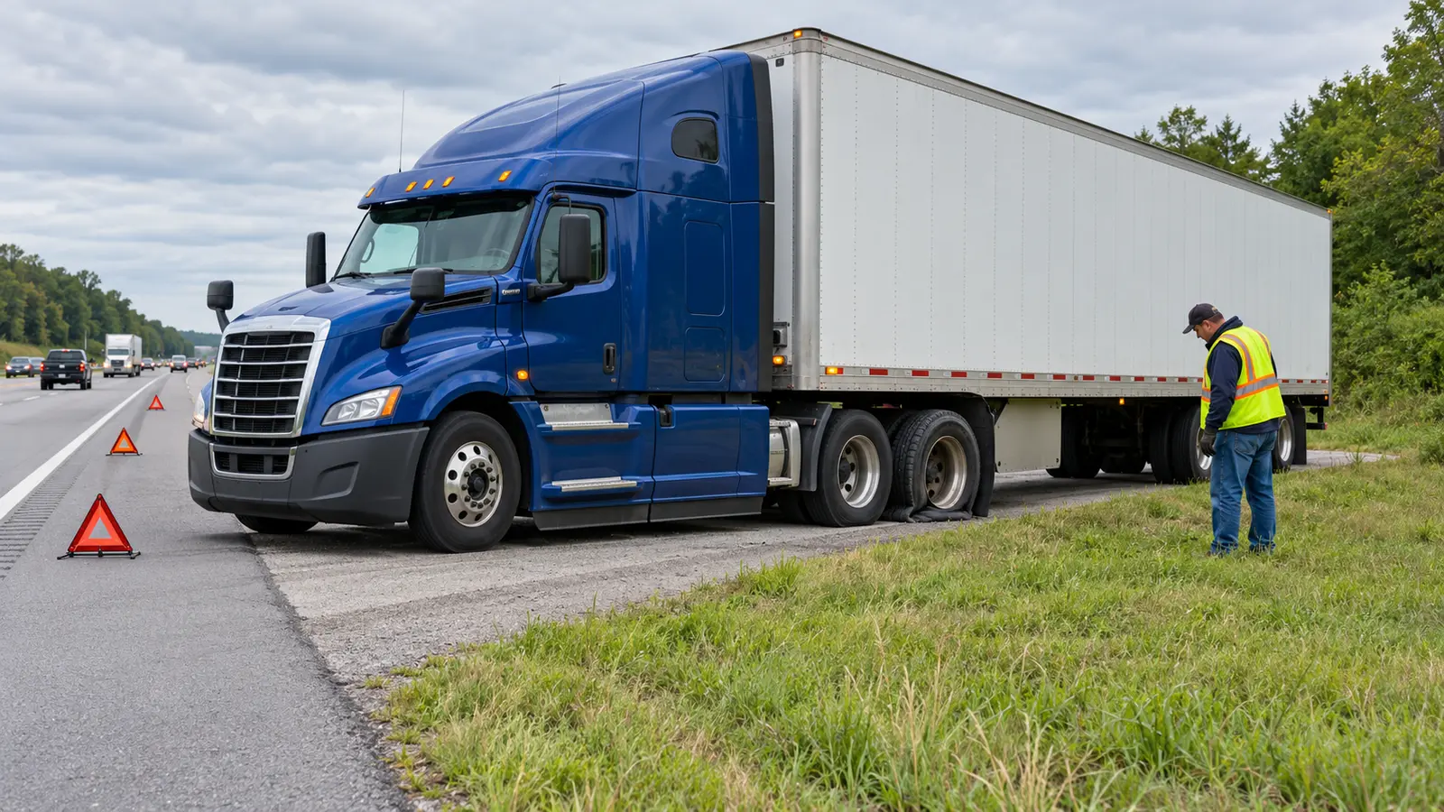 CDL driver inspecting a deflated truck tire from the protected side of a tractor-trailer stopped on a wide highway shoulder