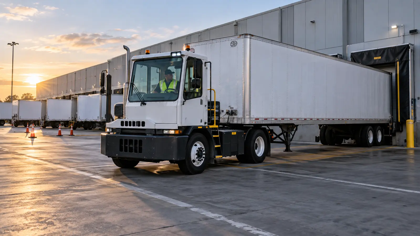 Yard jockey operating a terminal tractor and positioning a semi-trailer at a distribution center